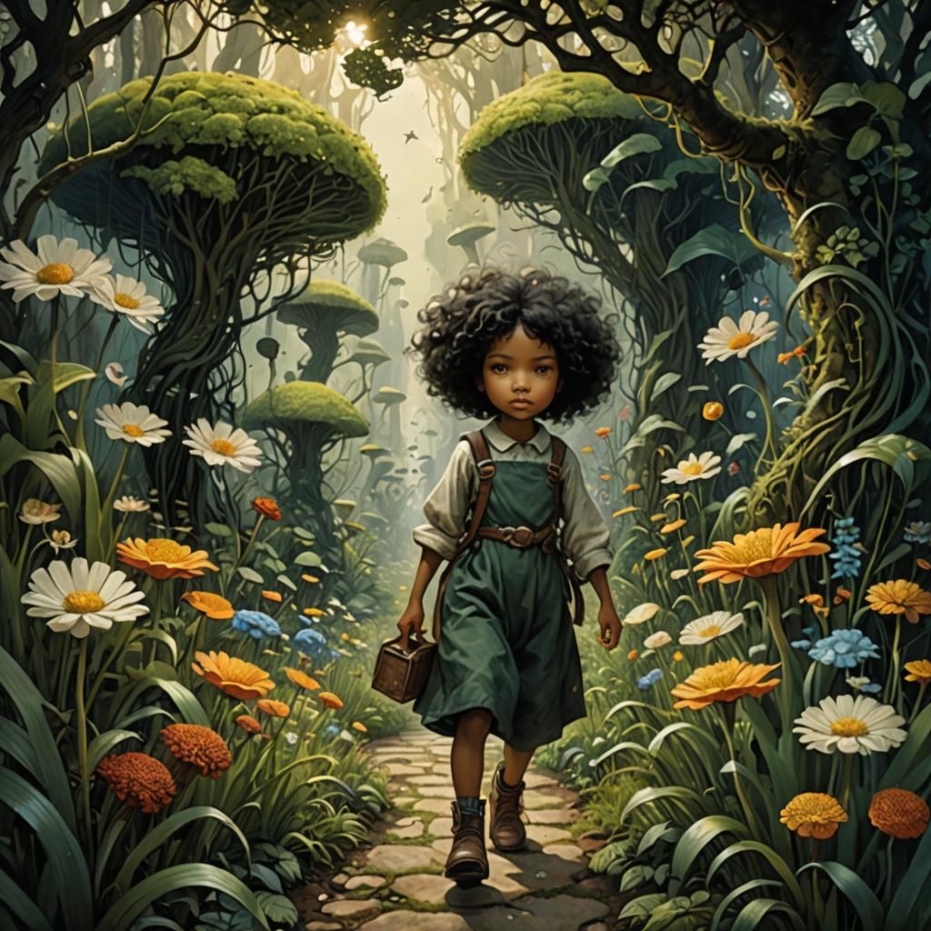 Miniature Girl's Surreal Garden Adventure