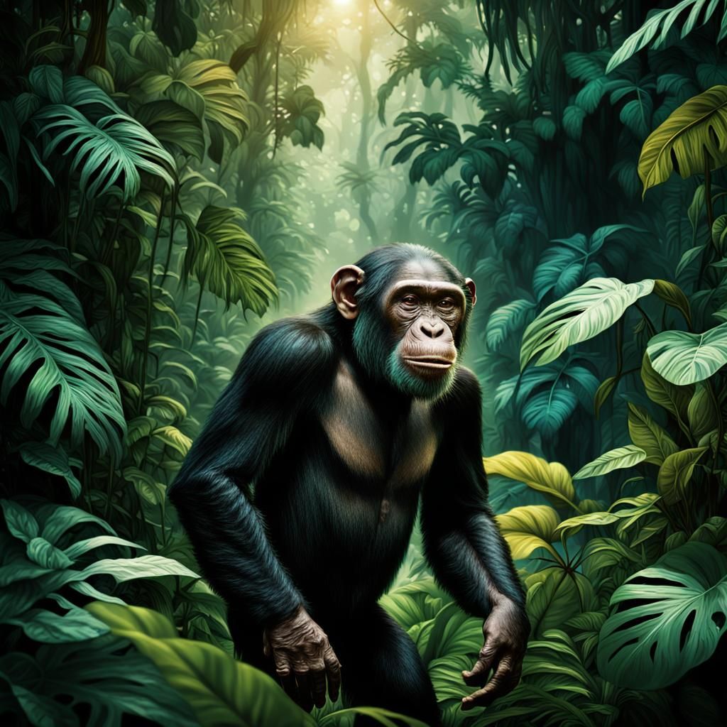 Chimpanzee Portrait in Jungle, Hyperrealistic Fantasy Art