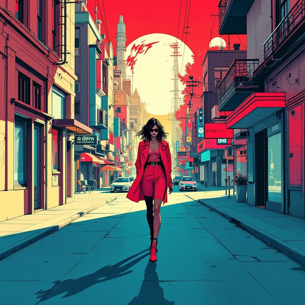 Retro-Futuristic Cityscape: Nagel, Moebius, Gonzalez Style