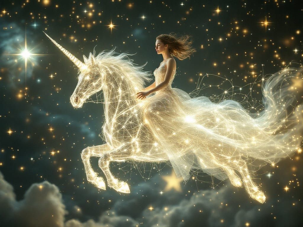 Ethereal Woman Rides Luminous Unicorn Through Cosmic Realm