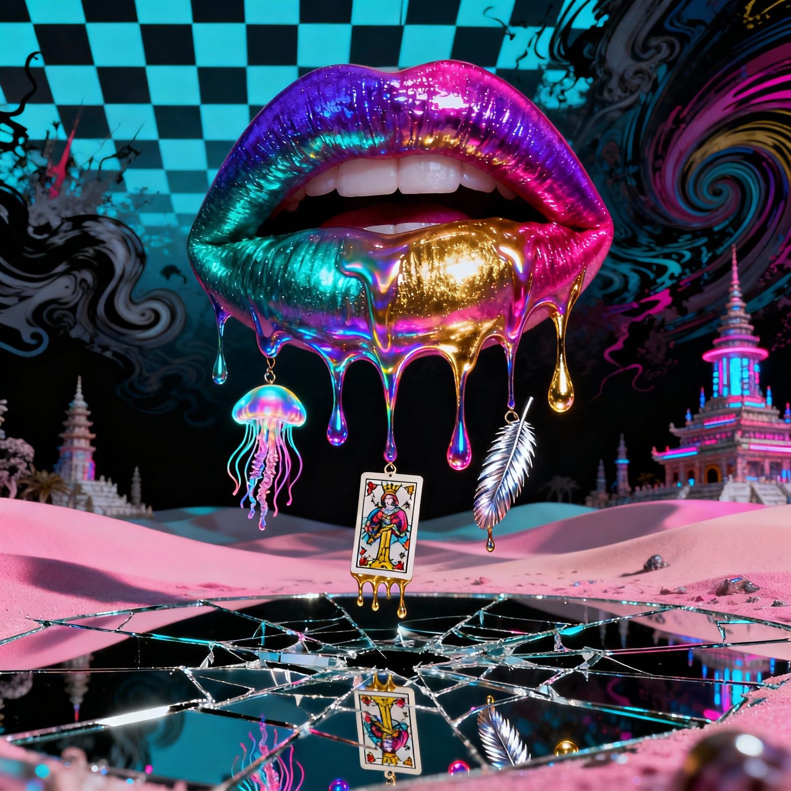 Oversized Lips Dripping Iridescent Liquid in Surreal Pop Art...