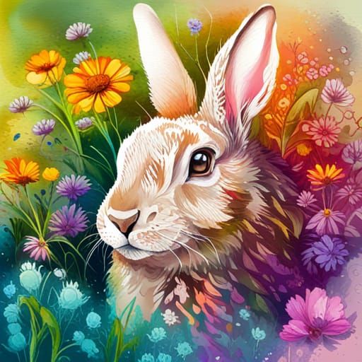 Majestic Rabbit in Flowers: Watercolour Splash Art