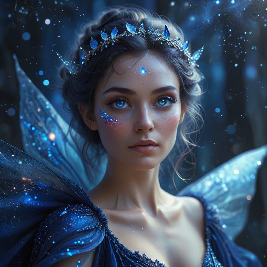 Ethereal Fairy Woman in Midnight-Blue Gown