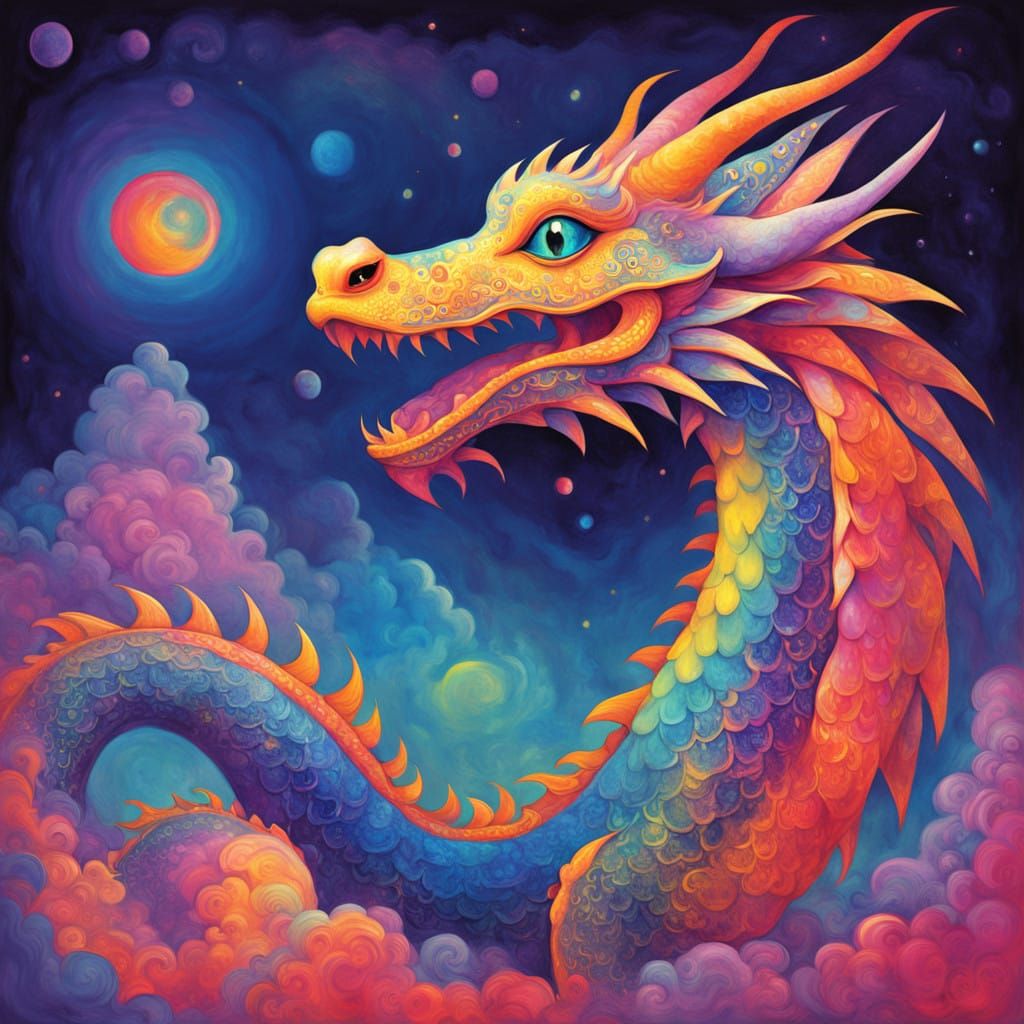 Vibrant Neon Dragon Smiling with Sparkling Star Eyes in Psyc...
