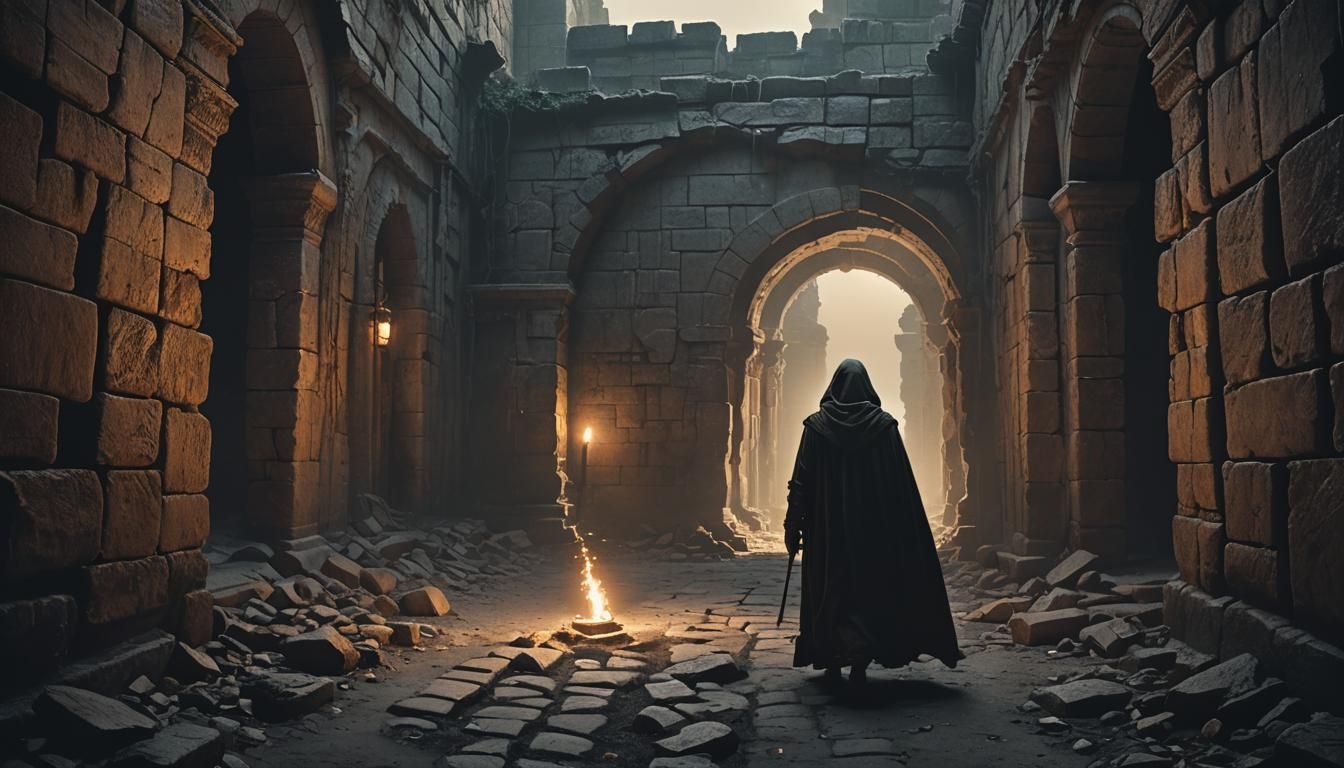 Eerie Dystopian Surrealism: Lone Figure in Stone Labyrinth