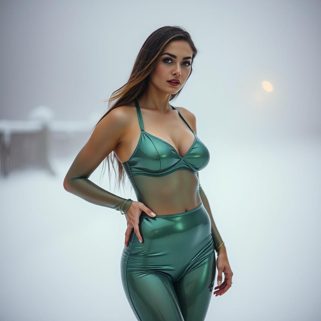 Woman in Latex Bikini in Snowy Landscape