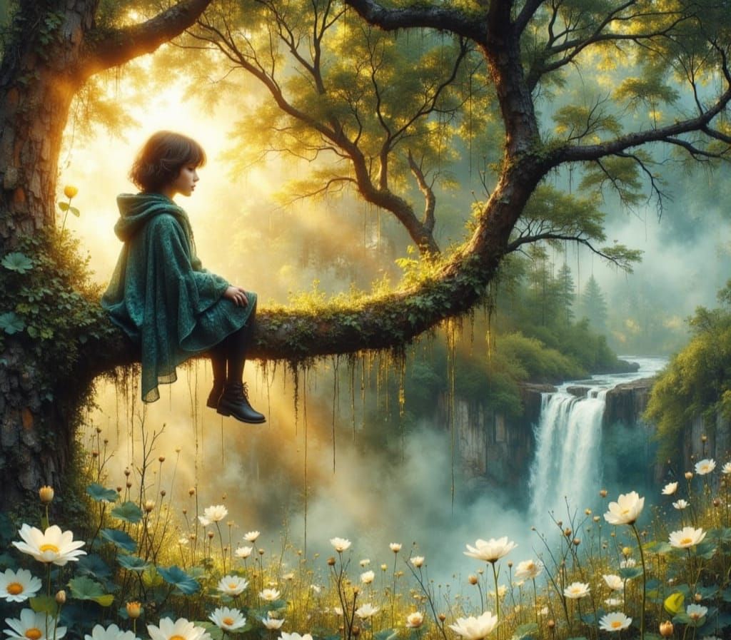 Kitten in Forest with Waterfall and Cosmic Sky