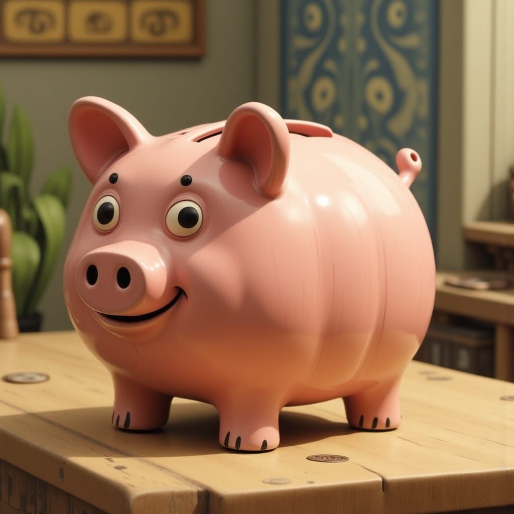 <lora:HEXEN HOLLOW:1.0> <lora:DUBUFFET DOLLZ:1.0> A piggy bank