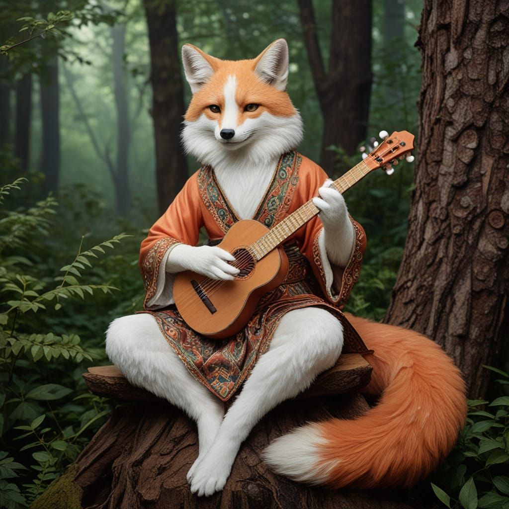 Kitsune Plays Shamisen in Misty Forest