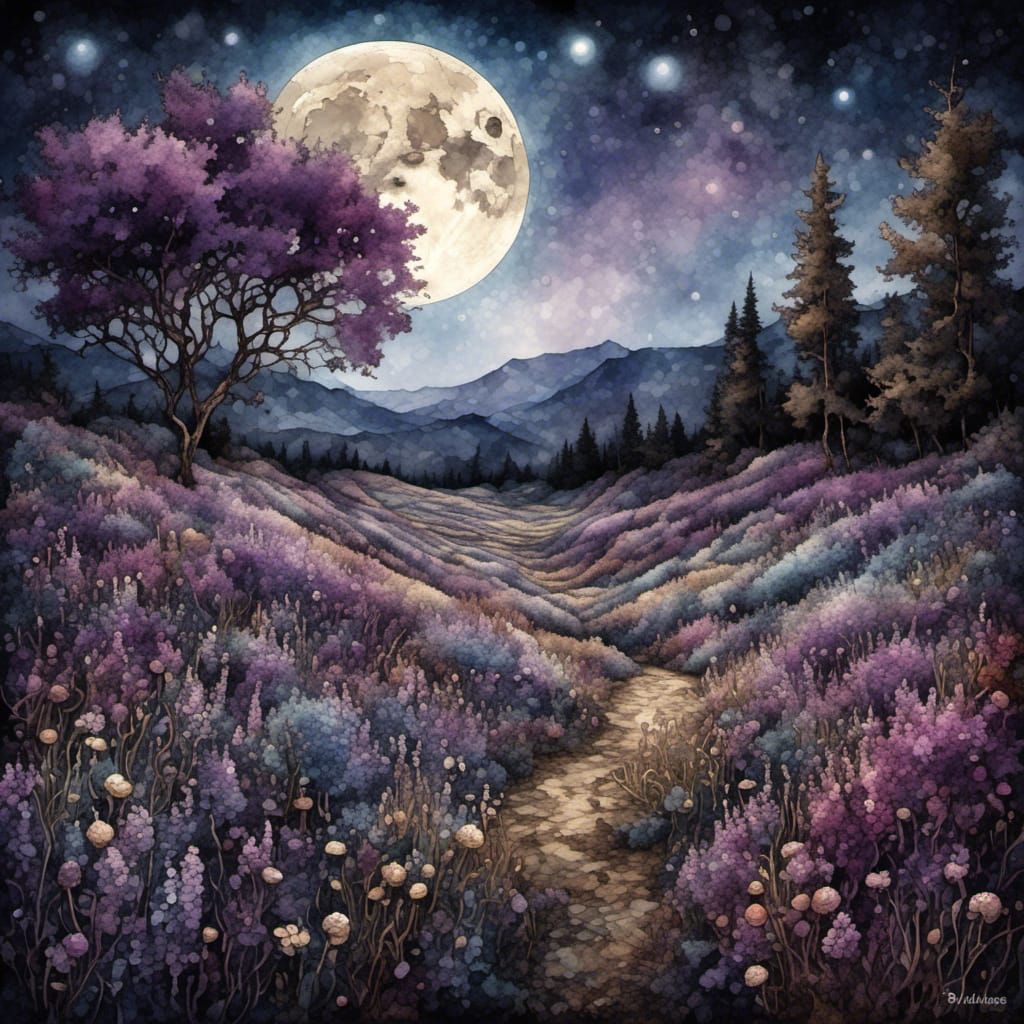 Purple Wildflower Field Under a Full Moon