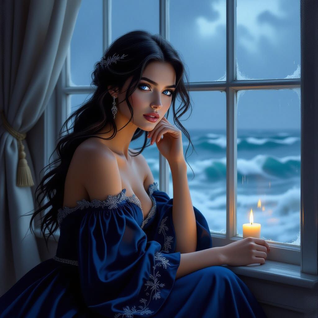 Woman Gazing at Stormy Sea, Dramatic Lighting