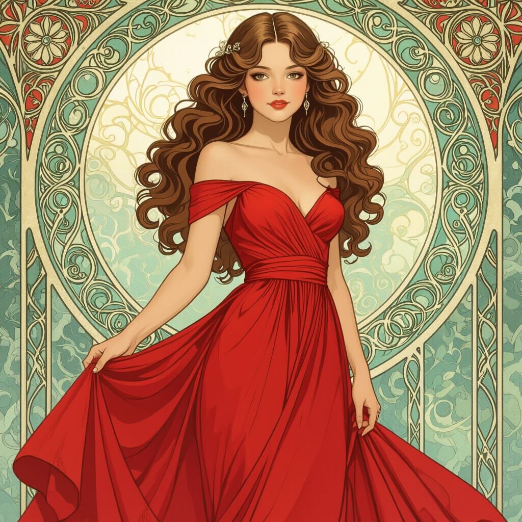 Elegant Girl in Red Dress, Art Nouveau Style