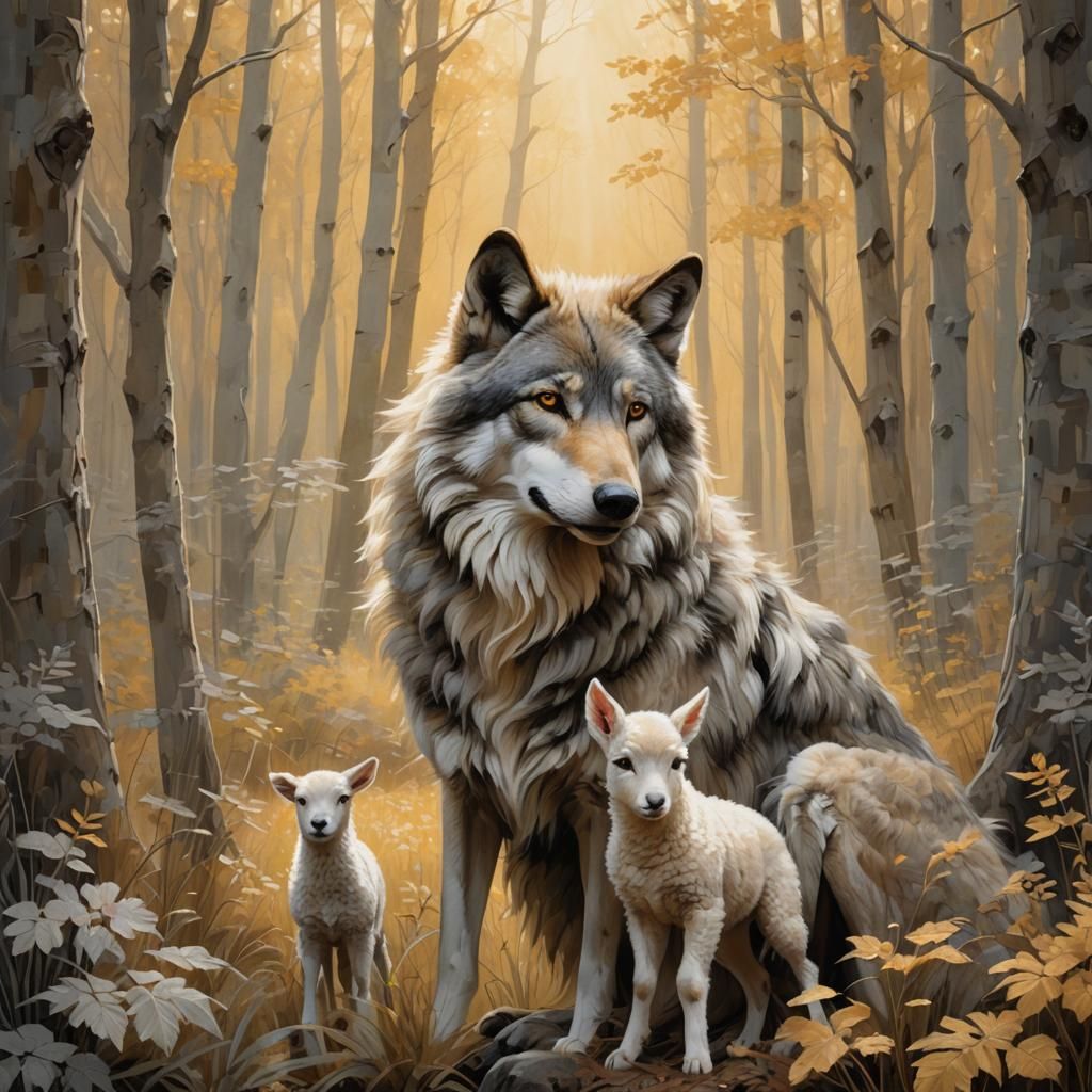 Wolf and Lamb: A Peaceful Forest Scene