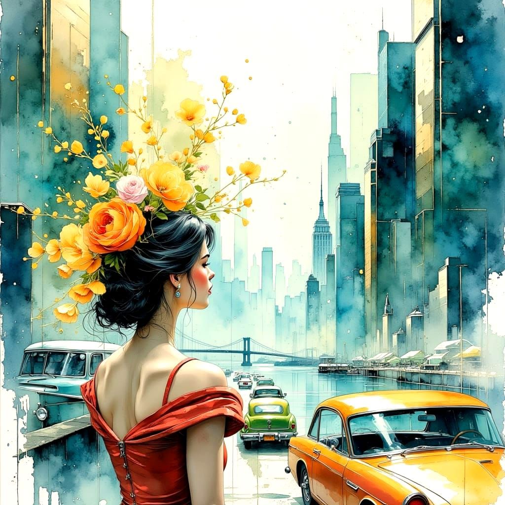 Ethereal Cityscape in Wet-on-Wet Watercolor Style