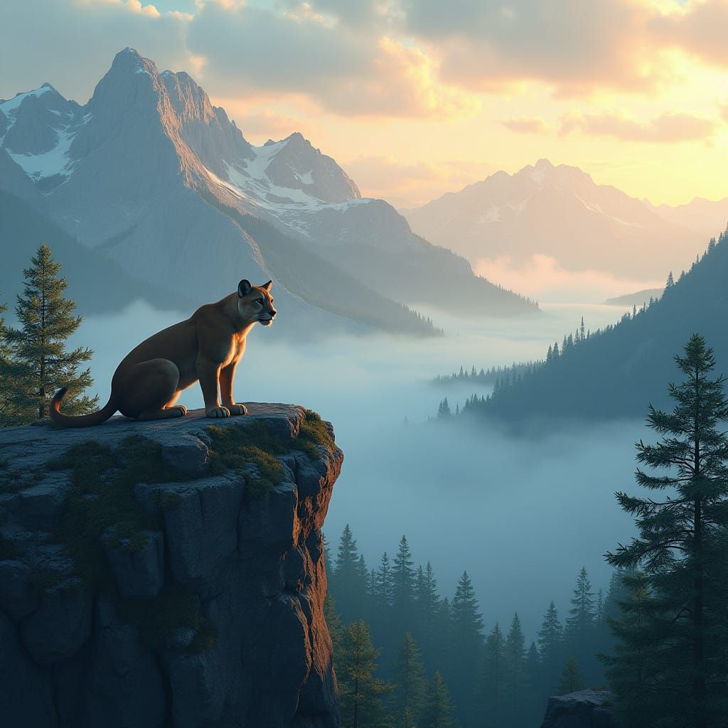 Mountain Lion in Majestic Mountain Landscape at Dawn