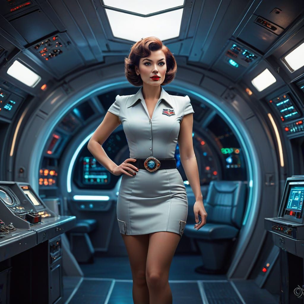 Science Fiction Pinup in Retro Sci-Fi Spaceship