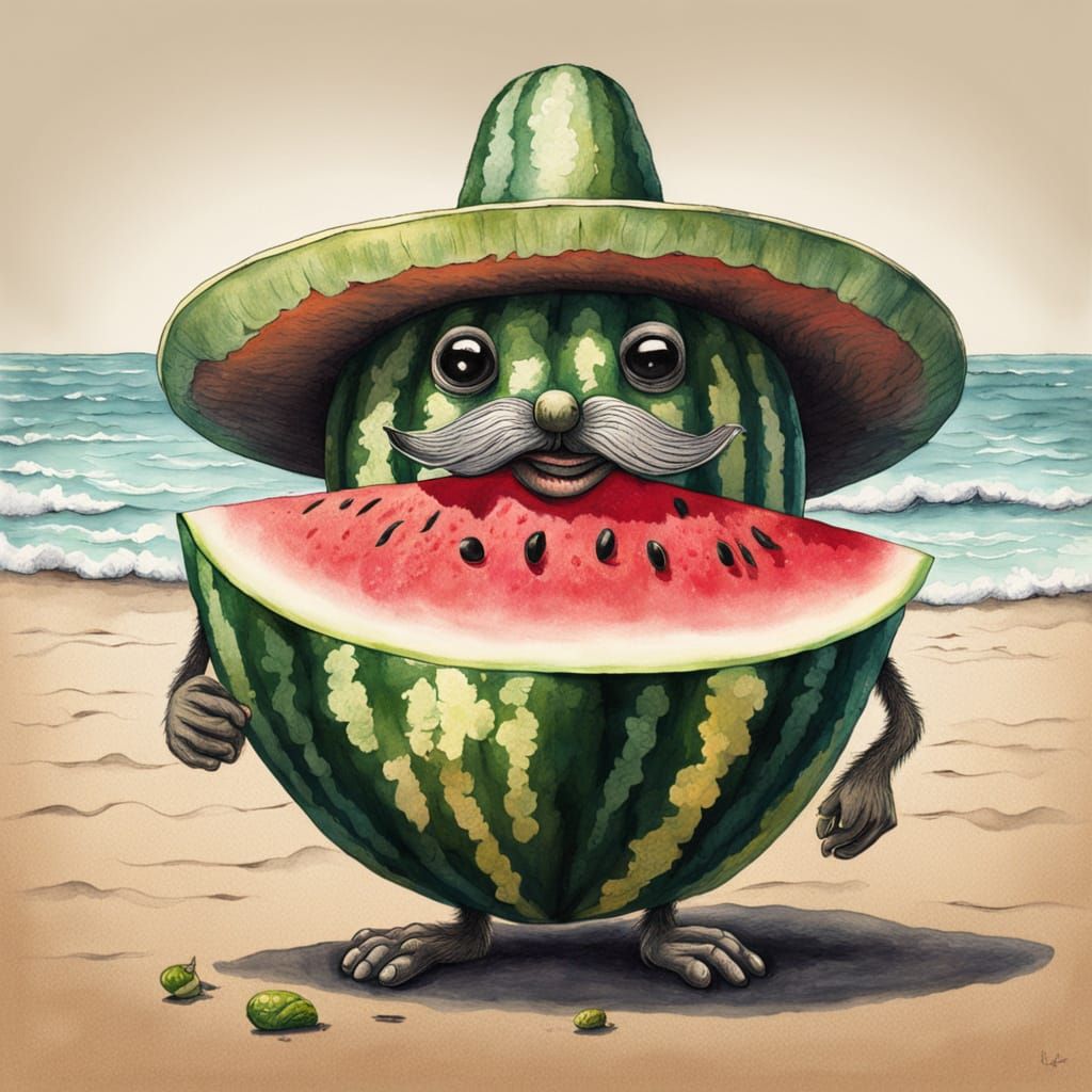 Watermelon Sombrero Beach Scene as Ink Painting