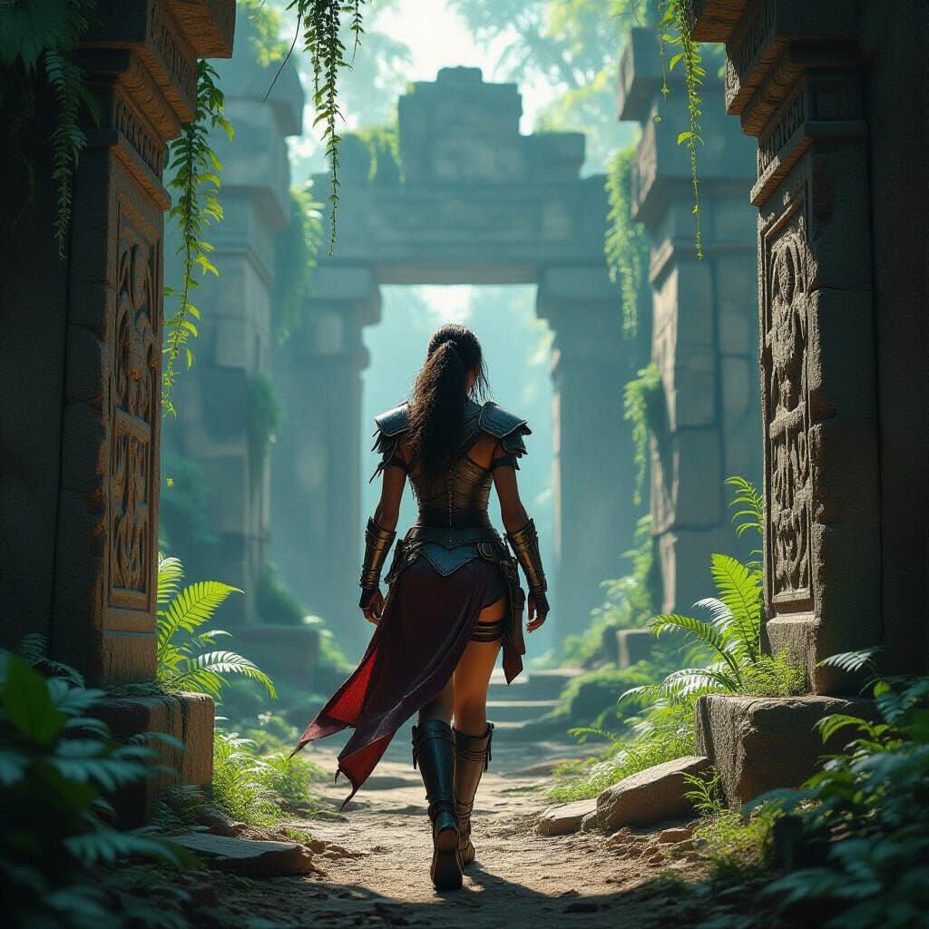 Lone Adventurer Enters Overgrown Ancient Temple
