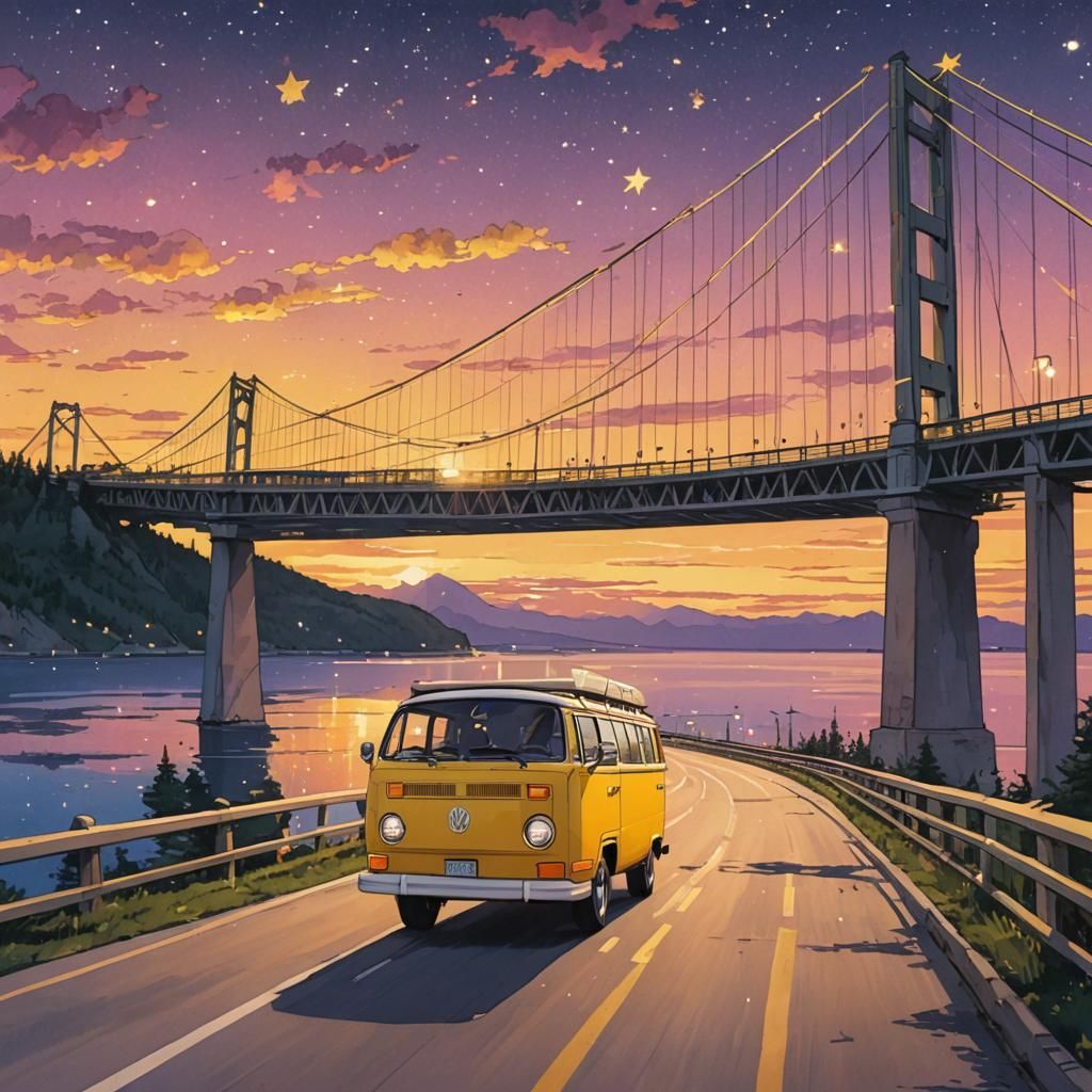 VW Van on Mackinac Bridge at Sunset: Anime Style