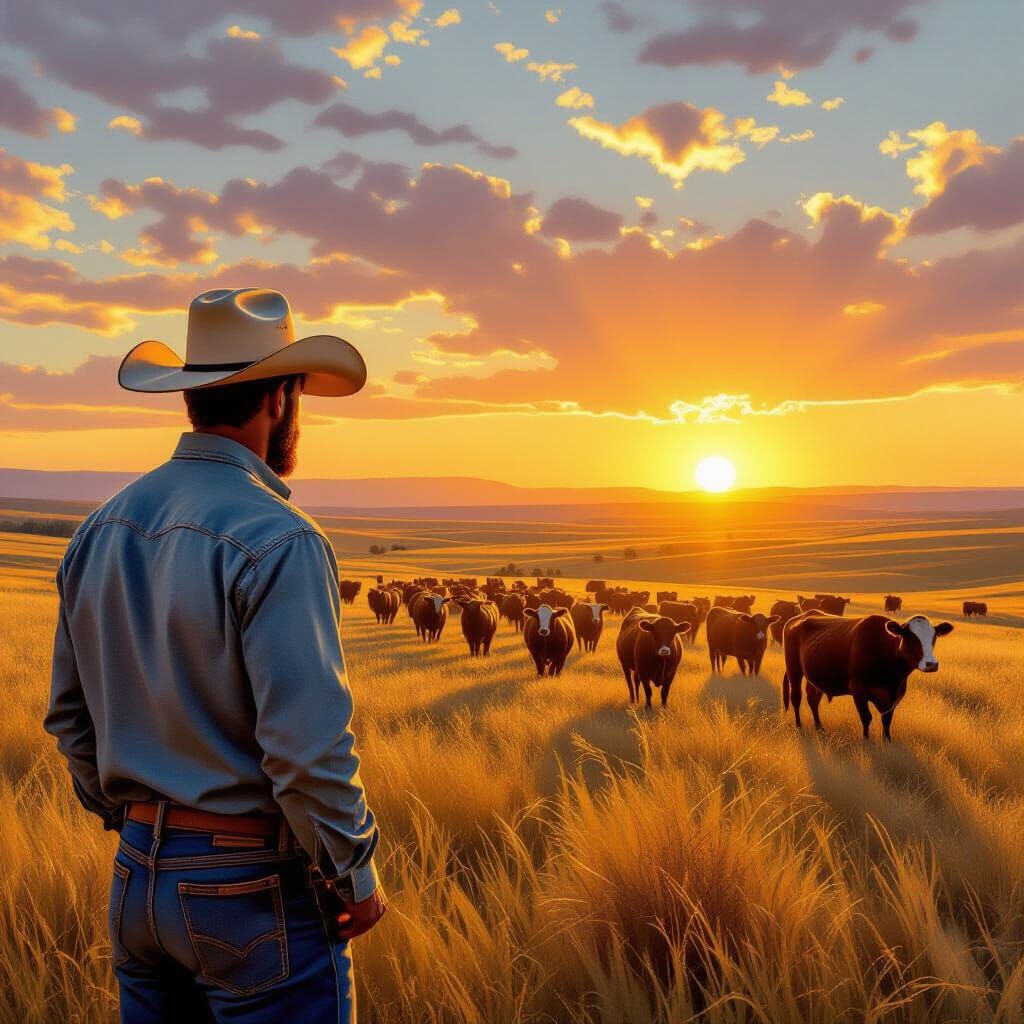 Rugged Farmer on Ranch at Golden Hour with Cattle Herd