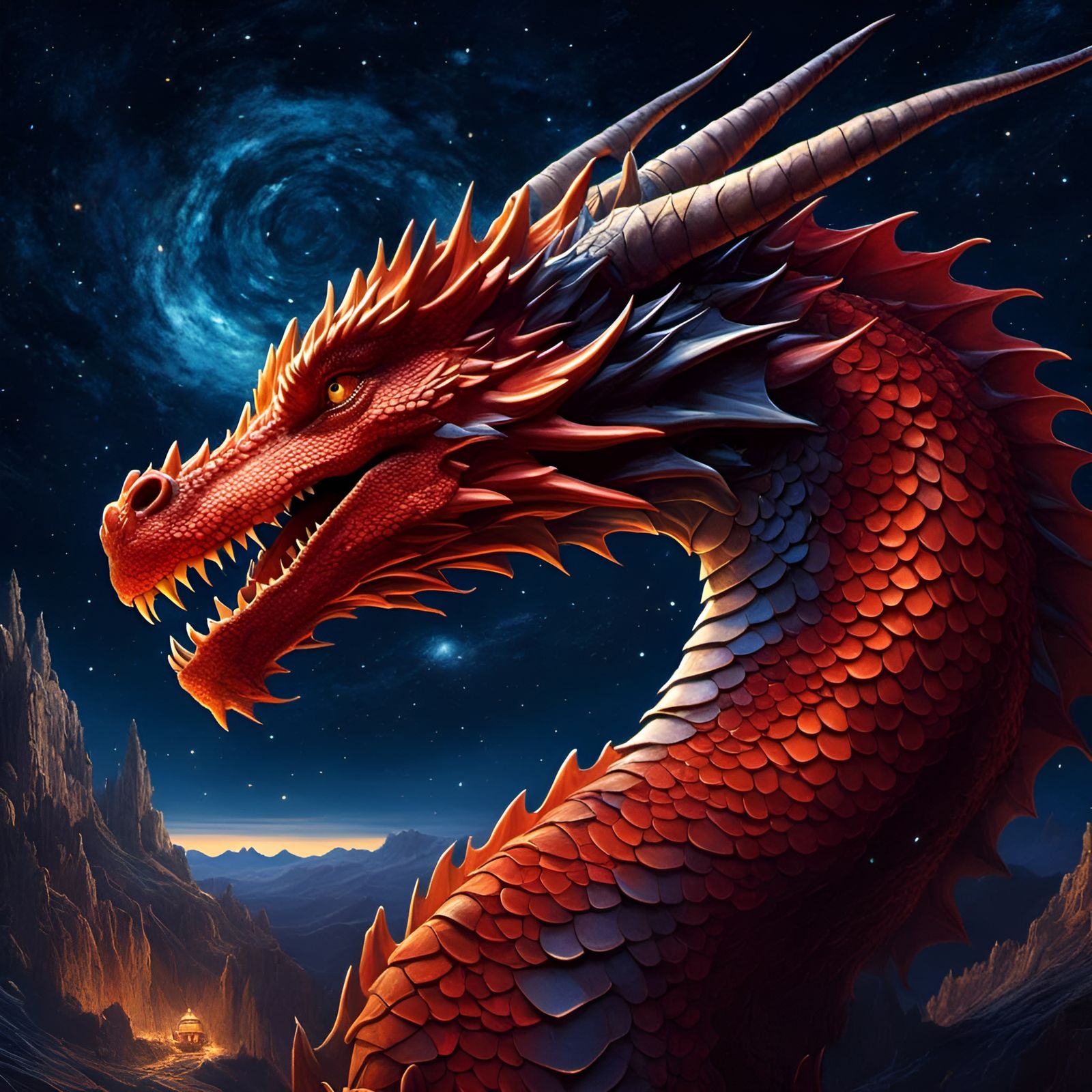 Dragon Portrait Under Starry Sky in Digital Painting