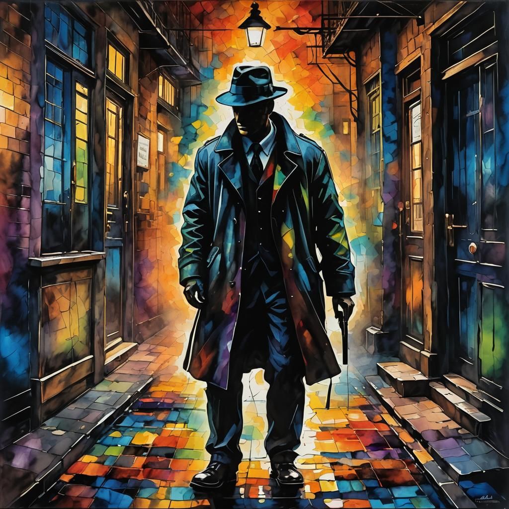 Noir Detective Silhouette in Expressionist Oil Painting