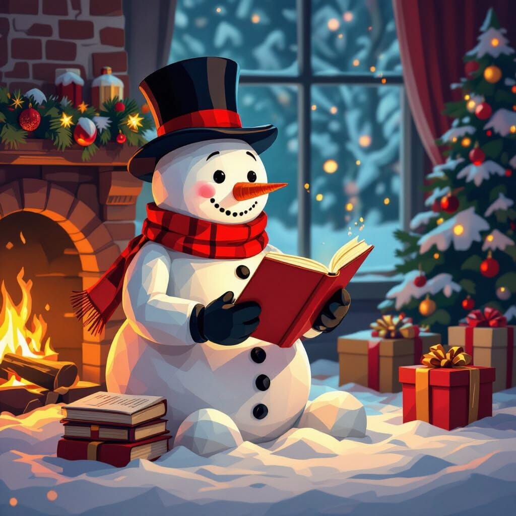 Cheerful Snowman Reads Christmas Stories by Fireplace in Neo...