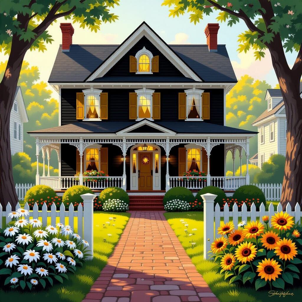 Queen Anne Home Digital Painting With Muted Colors