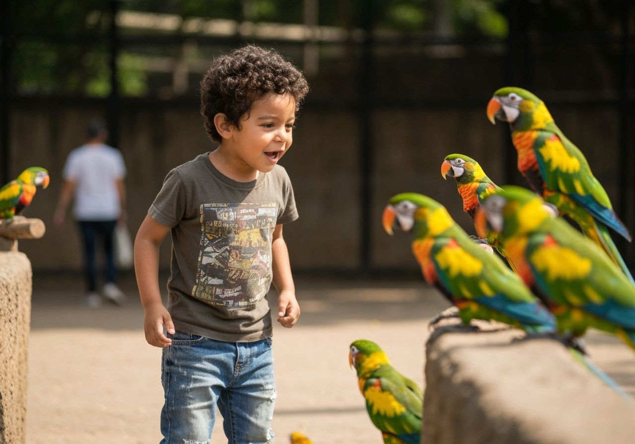 Boy Observes Parrots: Candid Street Photography