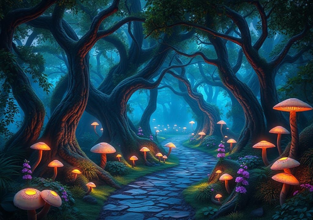 Fantasy Forest Path with Glowing Flowers