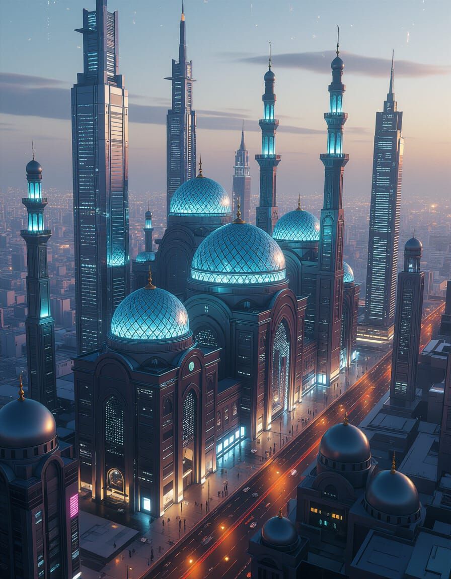 Futuristic Muslim Megalopolis with Glass-Domed Mosques
