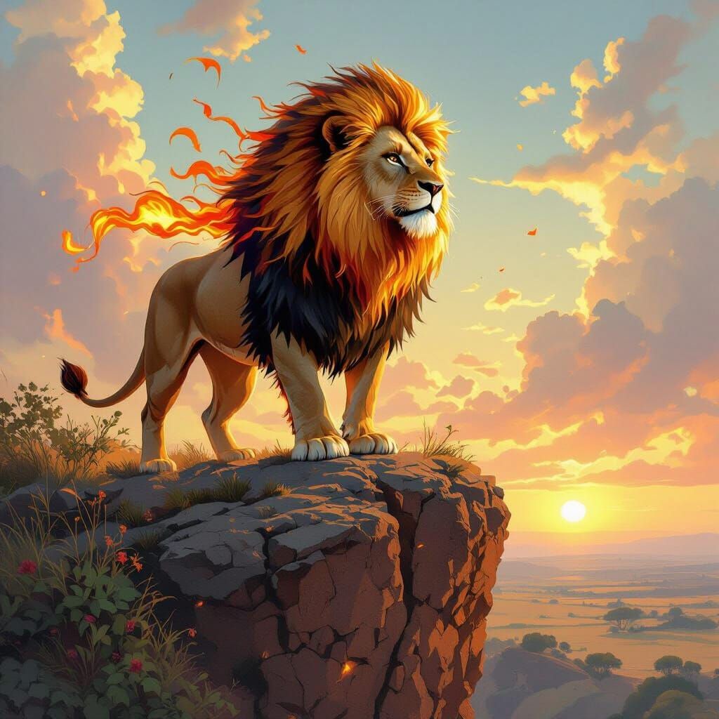 Majestic Lion with Fiery Mane, Art Nouveau Style