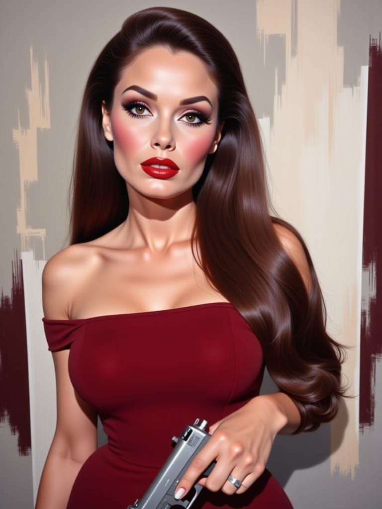 1960s Femme Fatale in Futuristic Cityscape Painting