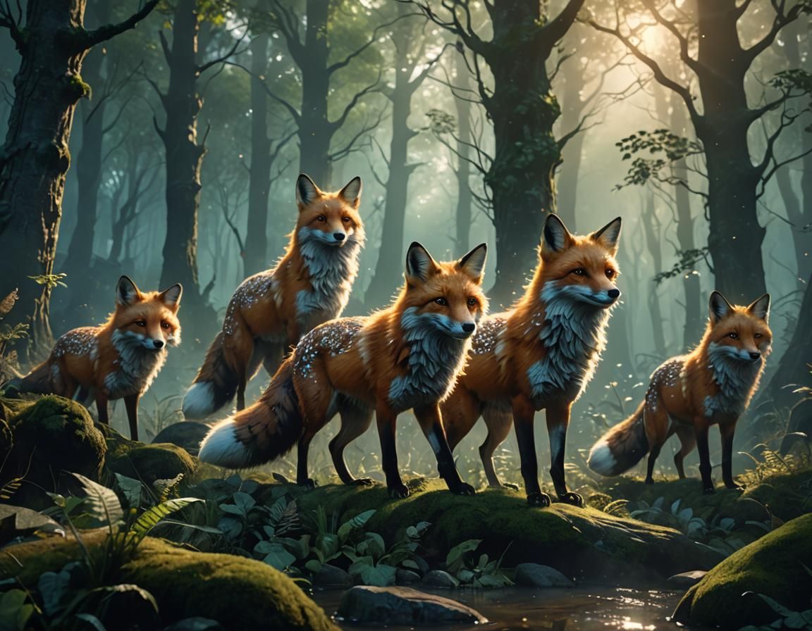 Ethereal Spirit Foxes Ascending Through Misty Forest