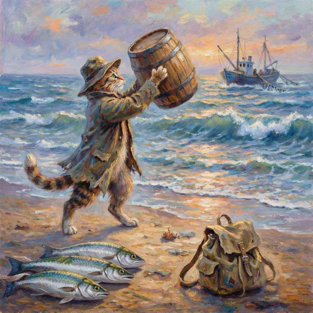 Surreal Cat on Beach with Fish Barrel