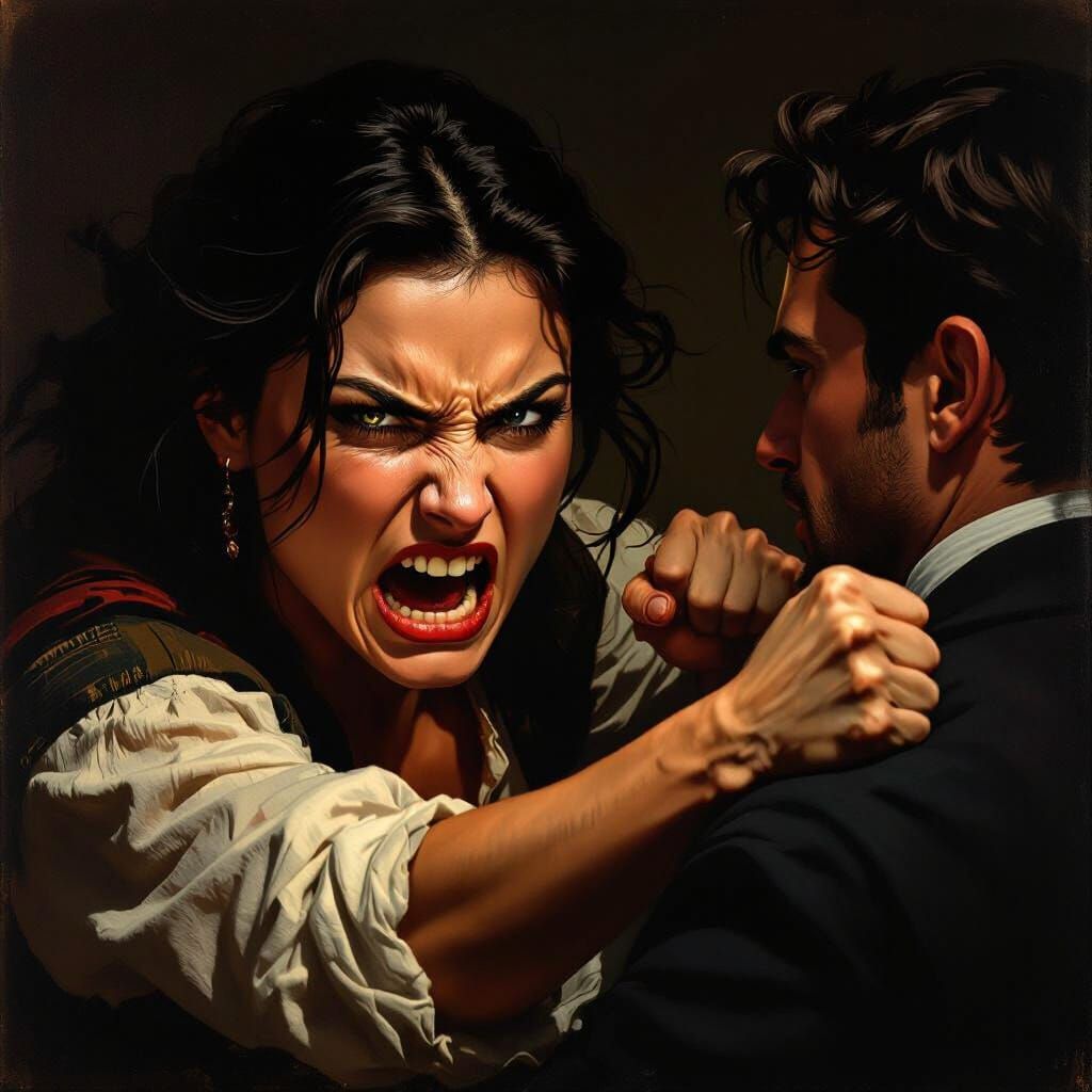 Enraged Woman Strikes Mild Man in Dramatic Light