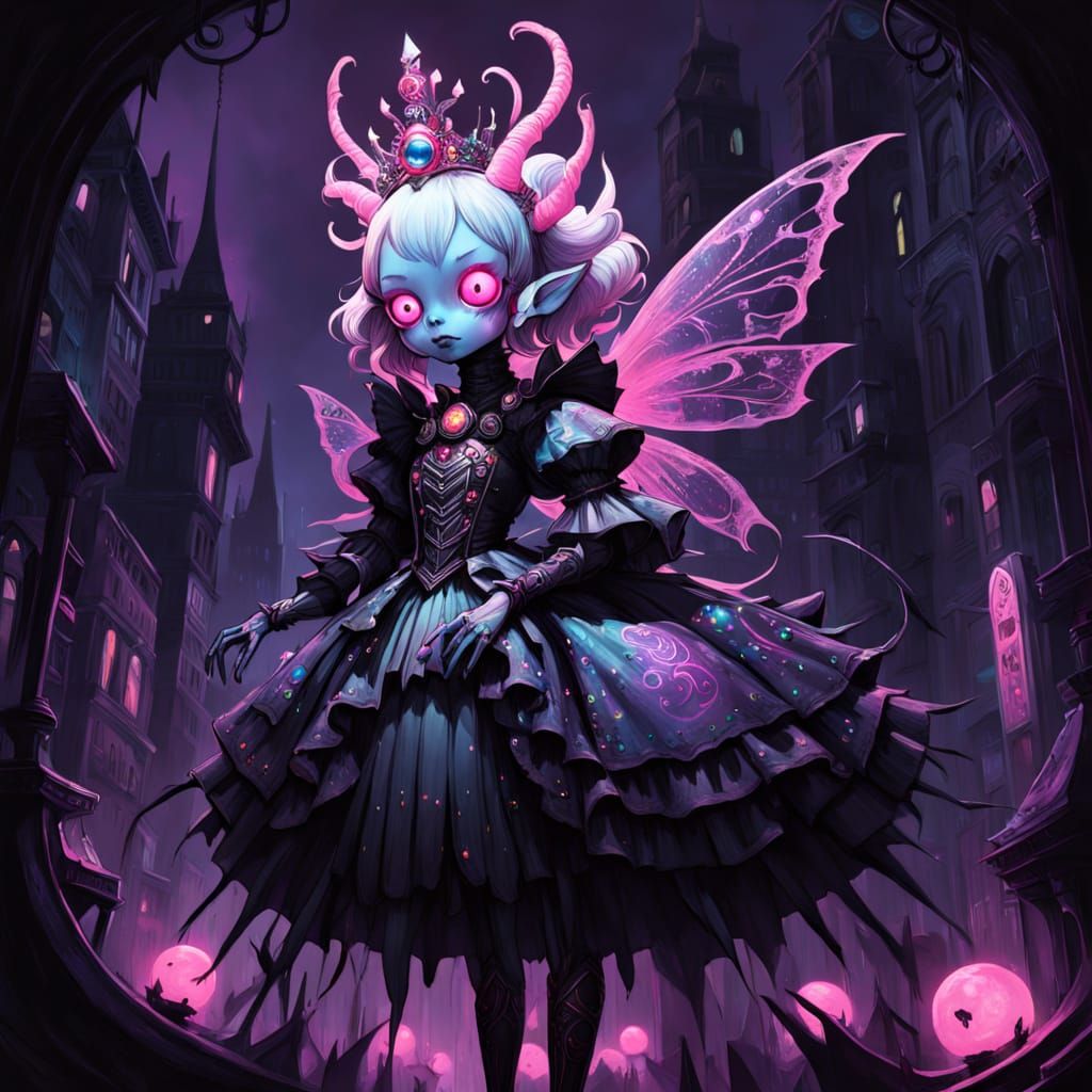 Dark Fantasy Anime Insect Girl Monster in Vibrant Cityscape