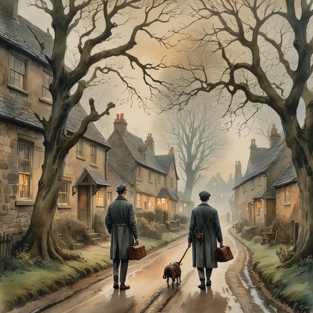 Foggy Village Lane: A Whimsical Watercolor Illustration