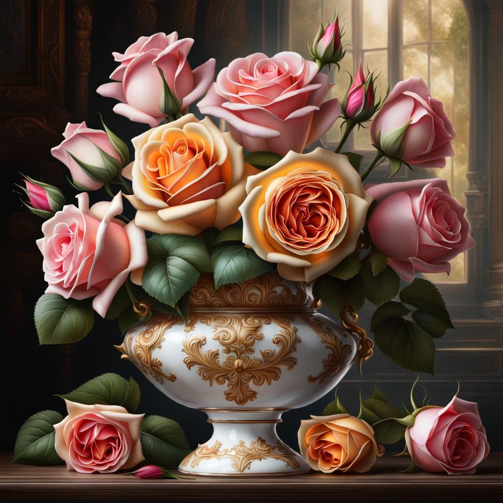 Detailed Airbrush Still Life: Roses in China Vase