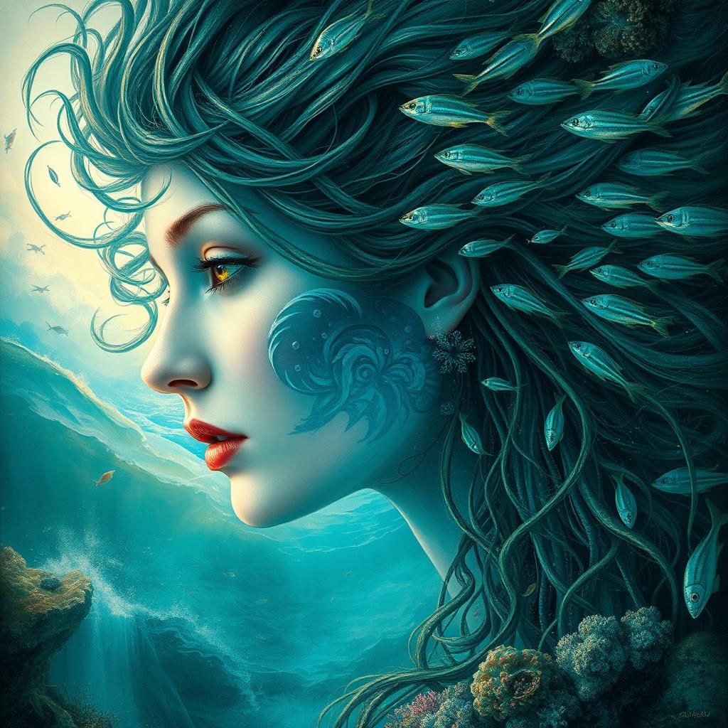 Mystical Woman's Face Merges with Seascape