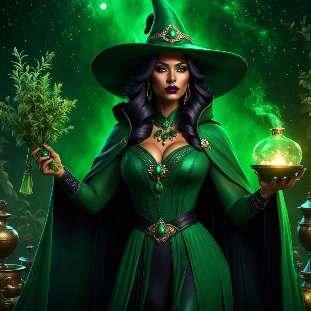 Gorgeous Emerald Witch Surrounded by Stars