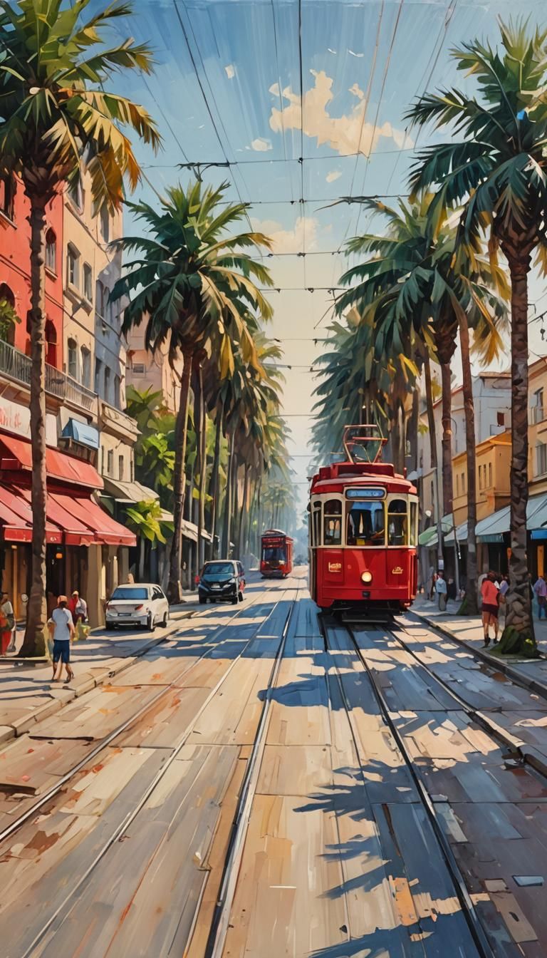 Red Tram on Palm Street: Alcohol Painting
