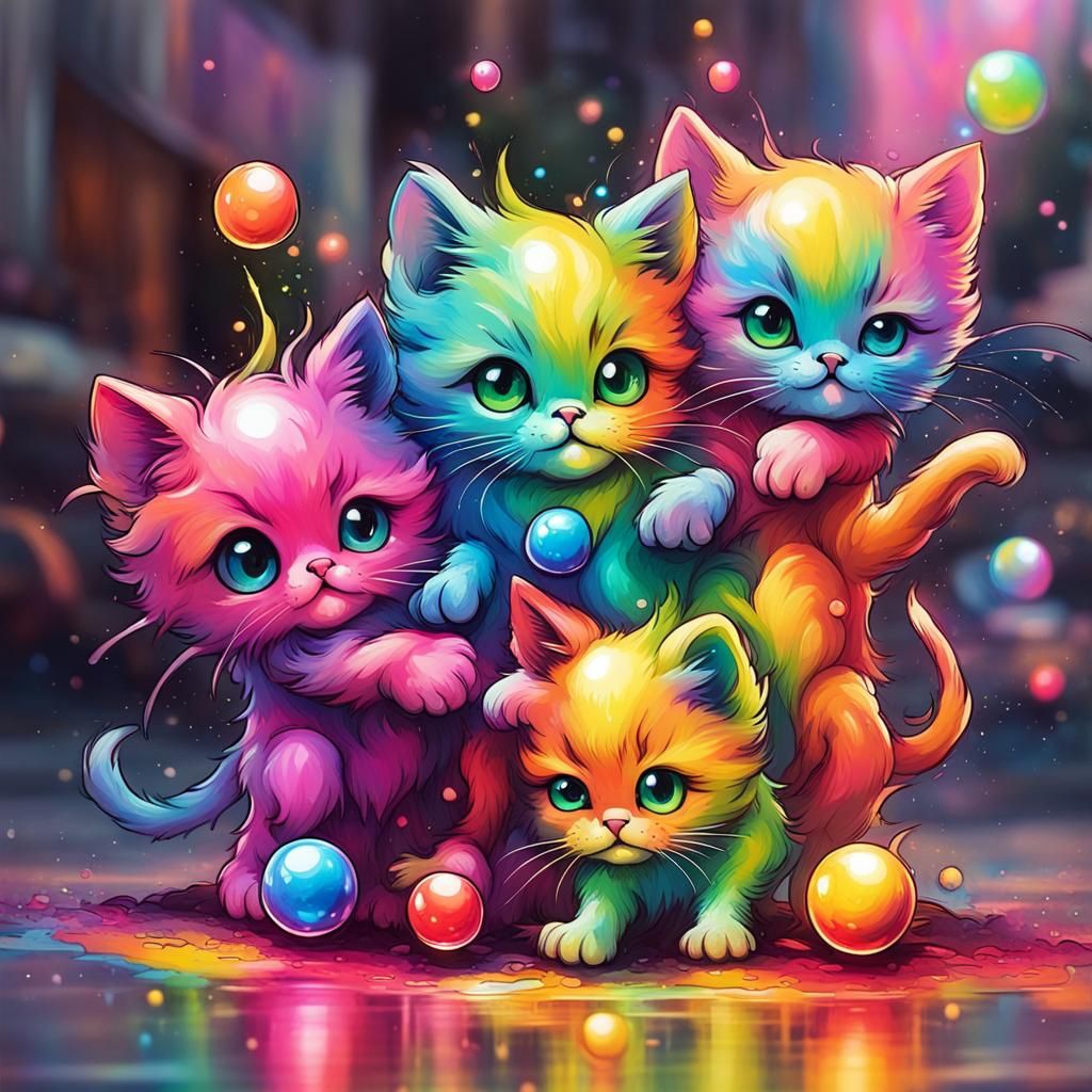 Chibi Kittens Dancing with Rainbow Orbs