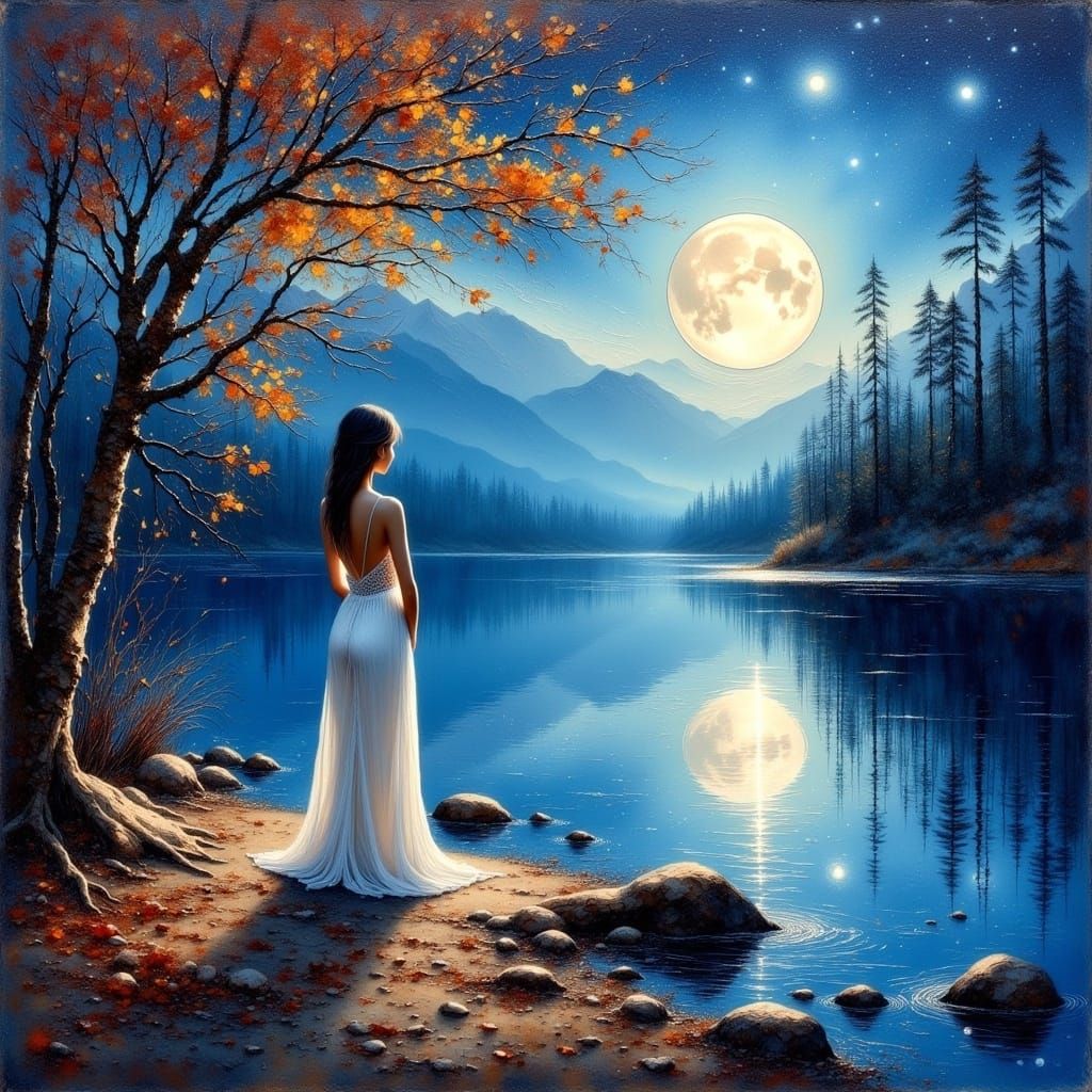 Stargazing Woman at Moonlit Lake: Impasto Oil Painting