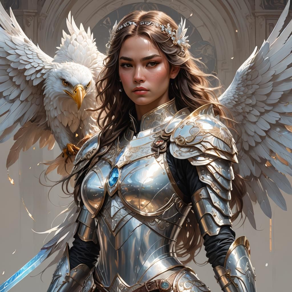 Girl in Pearl Armor with Eagle, Hyperdetailed Portrait