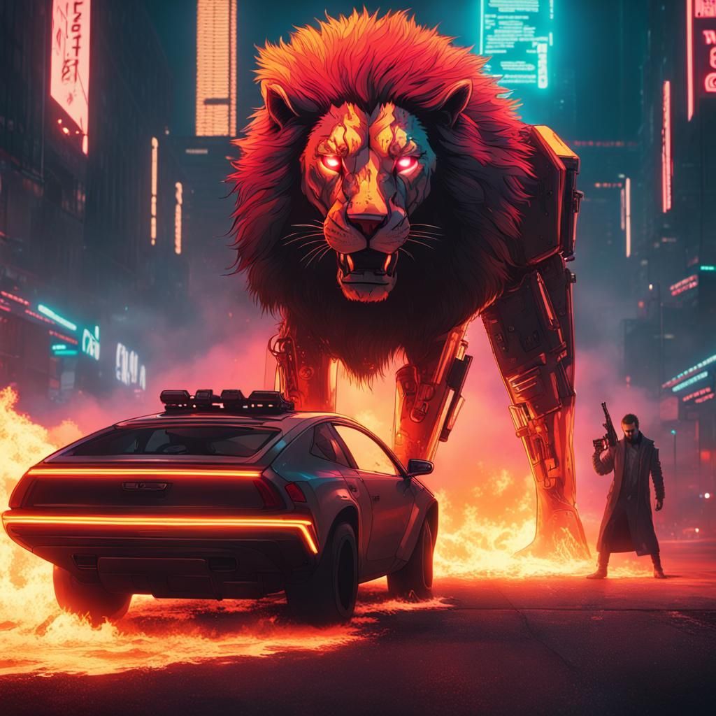 Cyberpunk Lion Warrior in Burning Cityscape