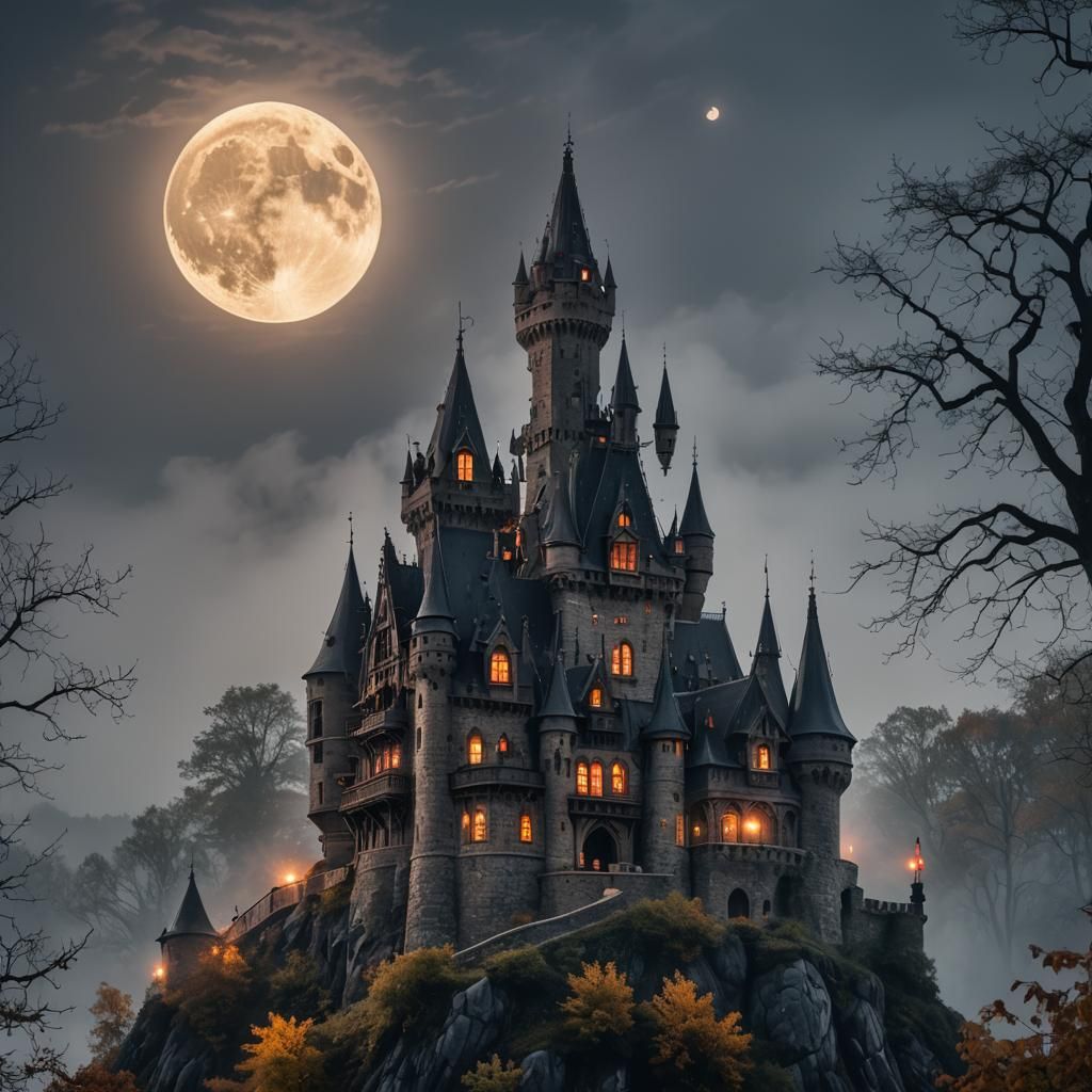 Hyperrealistic Dracula's Castle with Harvest Moon