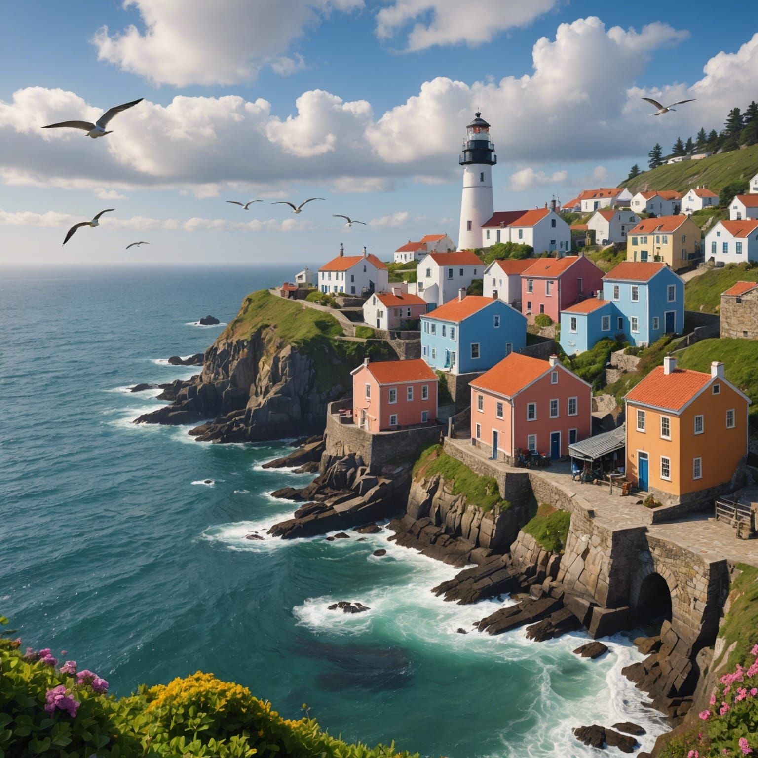 Charming Coastal Village on Cliffs Overlooking Ocean