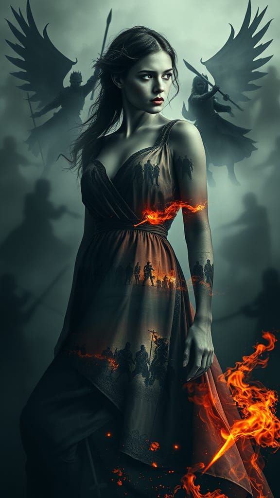 Woman in Silk Dress with Shadowy Warriors