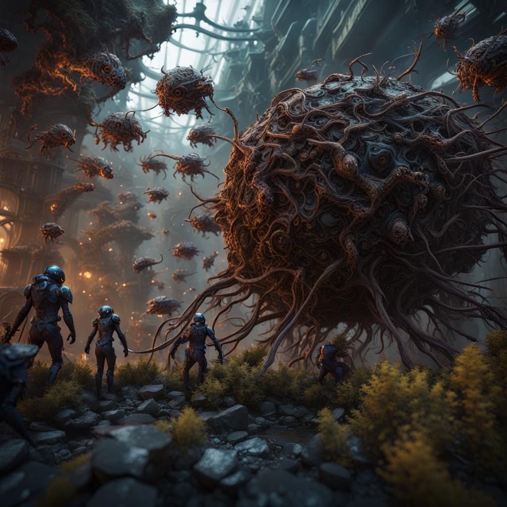 Bio-Mechanical Swarm in Detailed Matte Painting Style